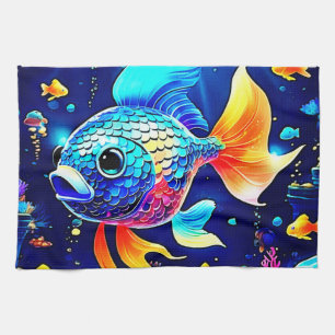 Vibrant Reef Fish Design Tea Towel