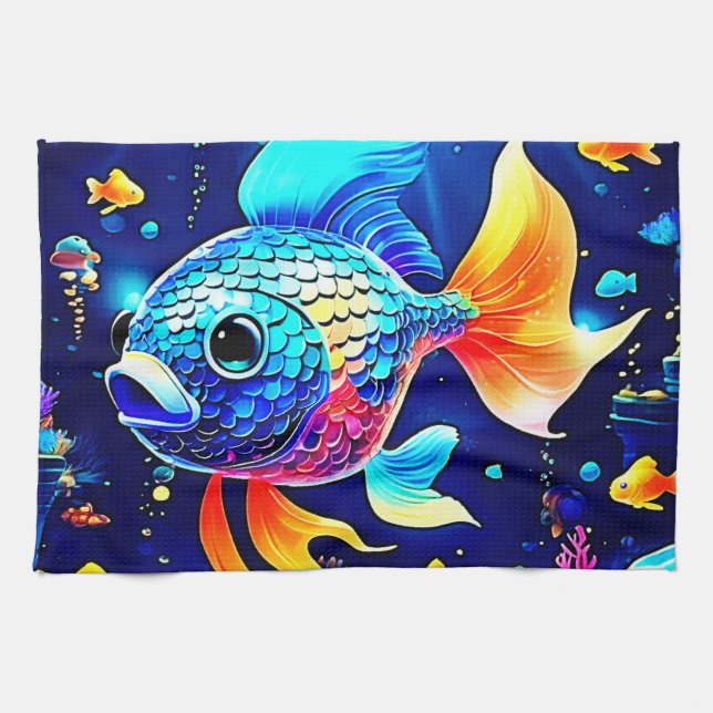 Vibrant Reef Fish Design Tea Towel (Horizontal)