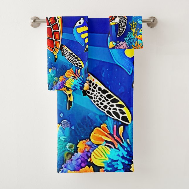 Vibrant Reef: Turtle's Underwater Realm Bath Towel Set (Insitu)