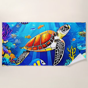 Vibrant Reef: Turtle's Underwater Realm Beach Towel