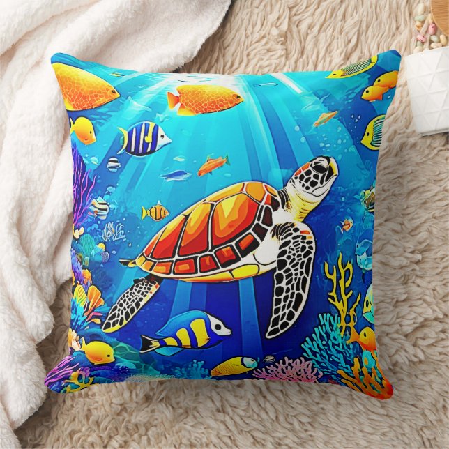 Vibrant Reef: Turtle's Underwater Realm Cushion (Blanket)
