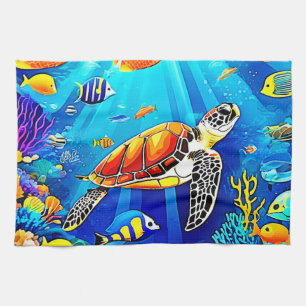 Vibrant Reef: Turtle's Underwater Realm Tea Towel