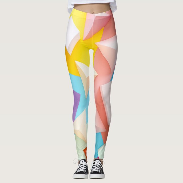 Vibrant Retro 3D Triangle Prism Pattern Multicolor Leggings (Front)