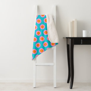 Vibrant Retro 60s Turquoise Mod Flower Pattern Sherpa Blanket