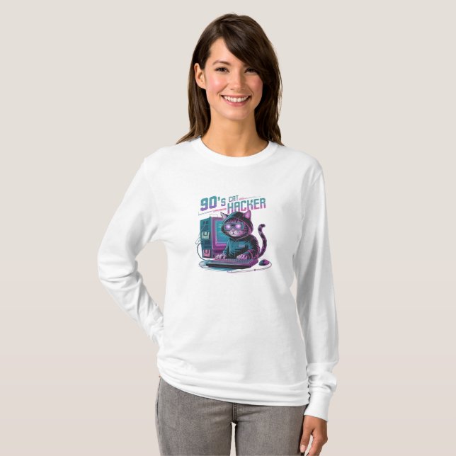 Vibrant Retro 90s Cat Hacker Long Sleeve T-Shirt (Front Full)