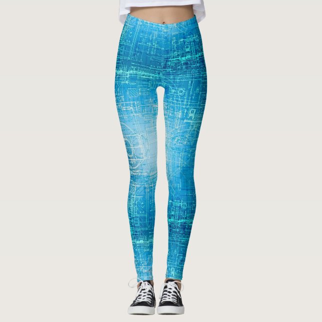 Vibrant Retro Blueprint Leggings (Front)