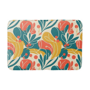 Vibrant Retro Botanical Floral Teal and Orange Bath Mat