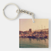 Vibrant retro coral sunset Bodrum harbour shore