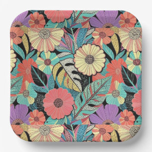 Vibrant Retro Floral Burst Paper Plate