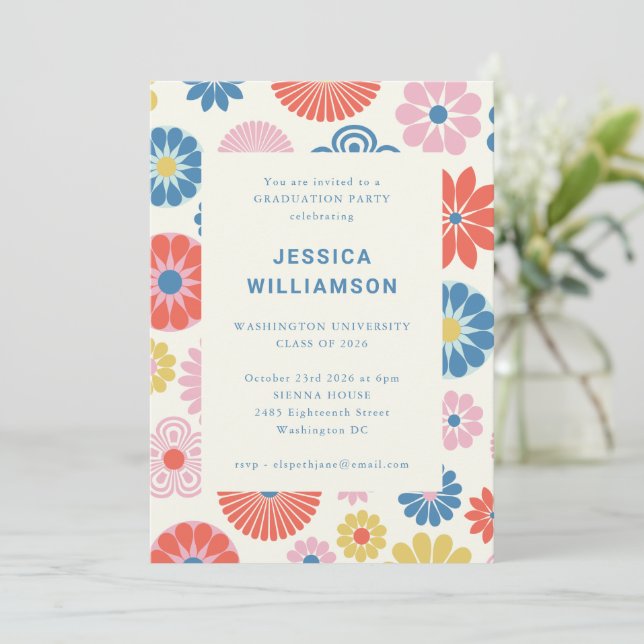 Vibrant Retro Floral Colourful Graduation Party Invitation (Standing Front)