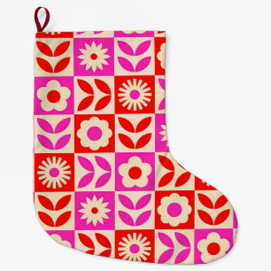 Vibrant Retro Floral Pattern Large Christmas Stocking
