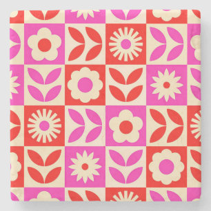 Vibrant Retro Floral Pattern Stone Coaster