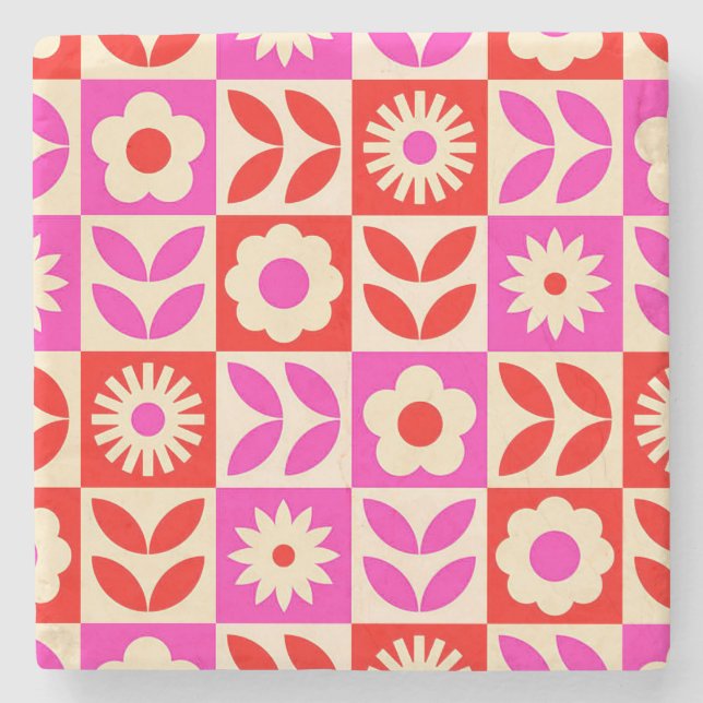 Vibrant Retro Floral Pattern Stone Coaster (Front)