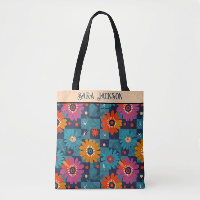 Vibrant Retro Floral Pattern with Teal Squares Tote Bag (Front)