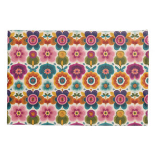 Vibrant RETRO Folk Art Flowers BOHO Floral Pattern Pillowcase