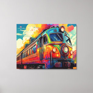 Vibrant Retro-Futurist Locomotive Steam Train Canvas Print