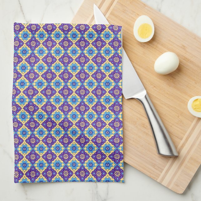 Vibrant Retro Geometric Floral Pattern Tea Towel (Quarter Fold)