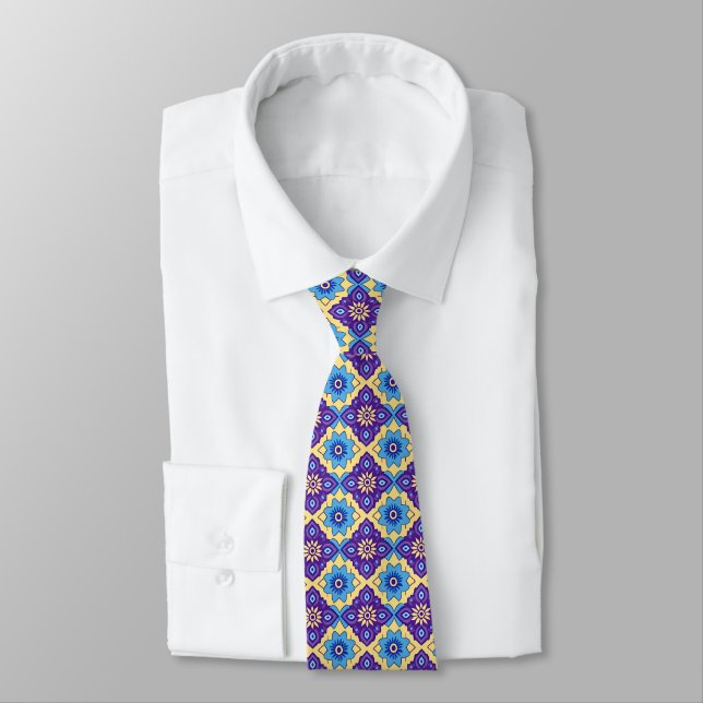 Vibrant Retro Geometric Floral Pattern Tie (Tied)
