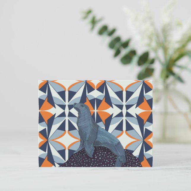 Vibrant Retro Geometric Sea Lion on Rock Postcard (Standing Front)