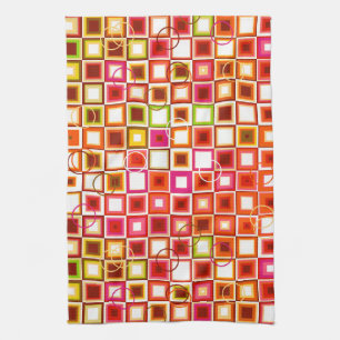 Vibrant Retro Geometric Square Pattern Tea Towel
