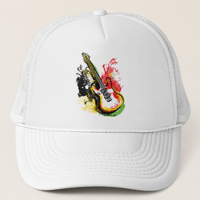 Vibrant Retro Groove: Electric Guitar Splash Trucker Hat (Front)