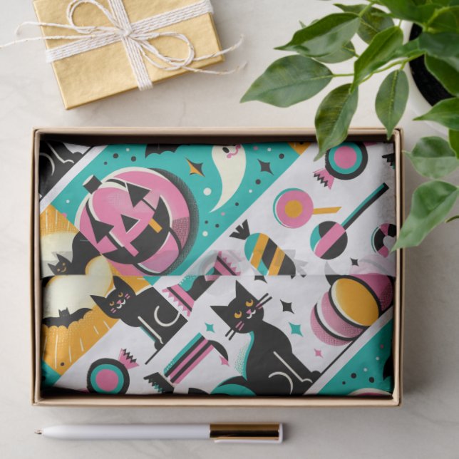 Vibrant Retro Halloween Collage Pink Pumpkin Black Tissue Paper (Gift)