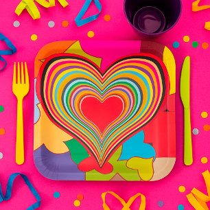 Vibrant Retro Hearts Paper Plate