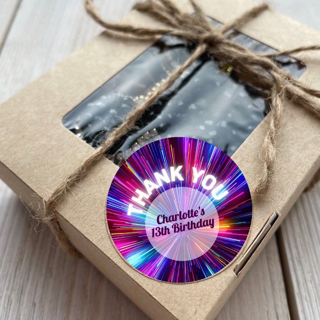 Vibrant Retro Neon Glowing Pink Purple Thank You Classic Round Sticker (Creator Uploaded)