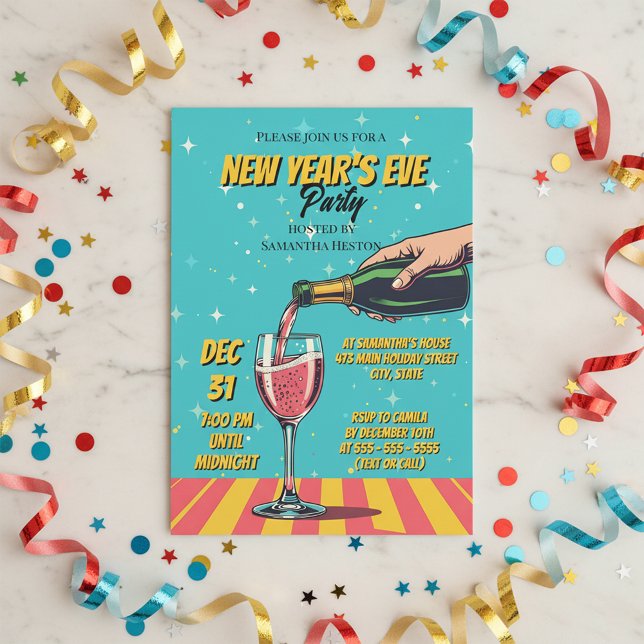 Vibrant Retro Pop Art New Year's Eve Party Invitation (Creator Uploaded)