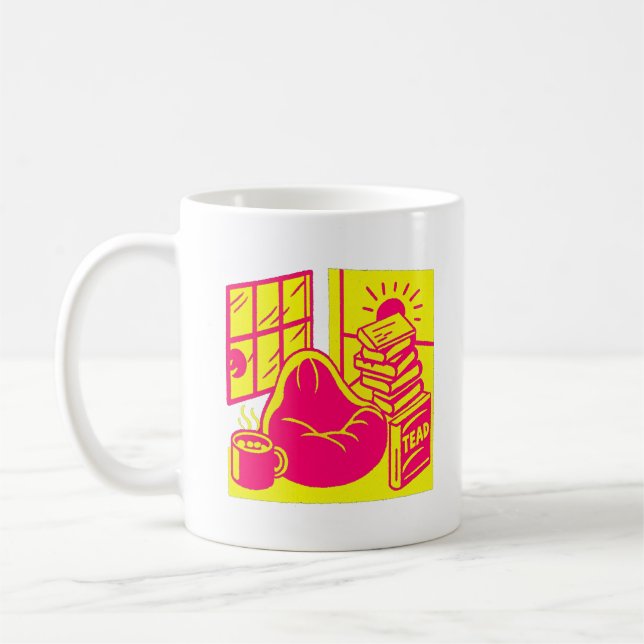 Vibrant Retro Reading Nook Illustration Coffee Mug (Left)