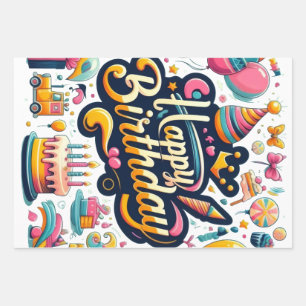 Vibrant Retro Style Happy Birthday Celebration Wrapping Paper Sheet