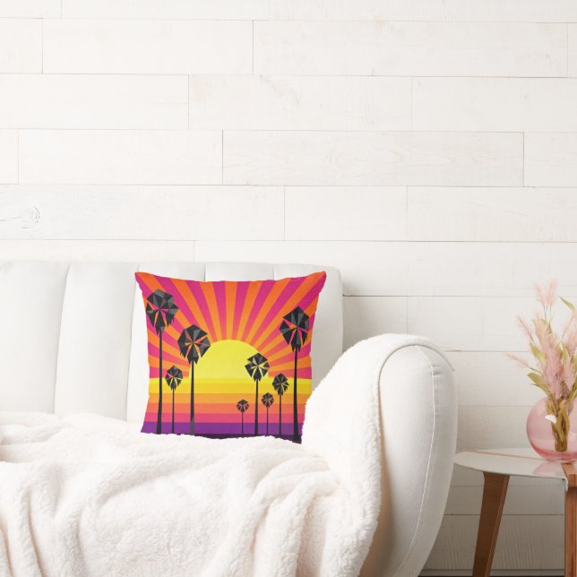 Vibrant Retro Sunset Palm Tree Throw Pillow on Whi (Couch)