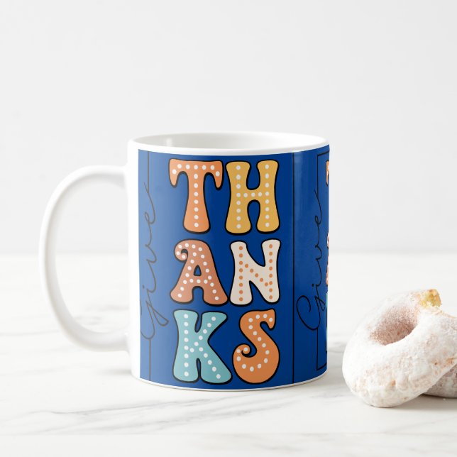 Vibrant Retro 'THANKS' Mug | Playful Polka Dot Des (With Donut)