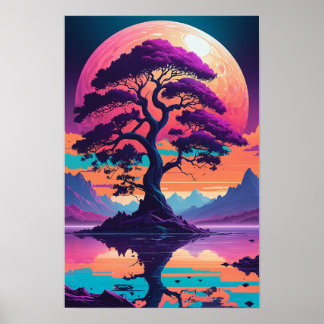 Vibrant Retro Tree Scene – Bold, Colourful Poster
