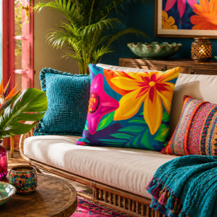 Vibrant Retro Tropical Floral Pop Art Cushion