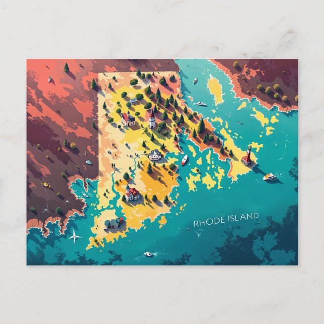 Vibrant Rhode Island Coastal Map Art Postcard (Front)