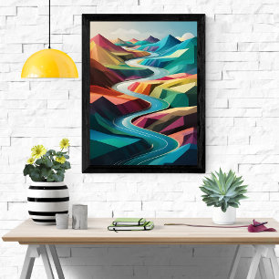 Vibrant River Valley: A Colourful Abstract Landsca Poster