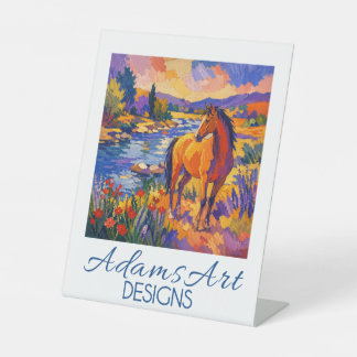 Vibrant Riverside Horse in Impressionist Landscape Pedestal Sign