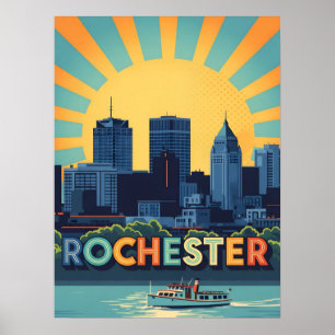 Vibrant Rochester skyline at sunset Poster
