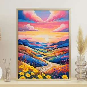 Vibrant Rolling Hills Sunflower Art Painting Poster
