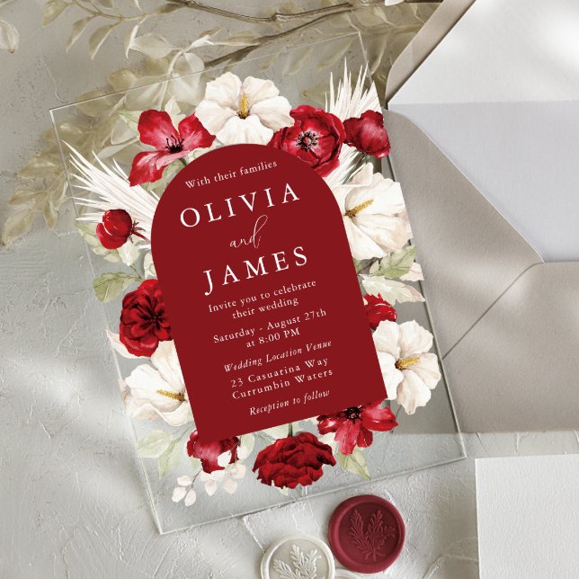 Vibrant Romantic Red & White Floral Wedding Acrylic Invitations (Creator Uploaded)