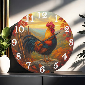 Vibrant rooster in autumn farm scene large clock