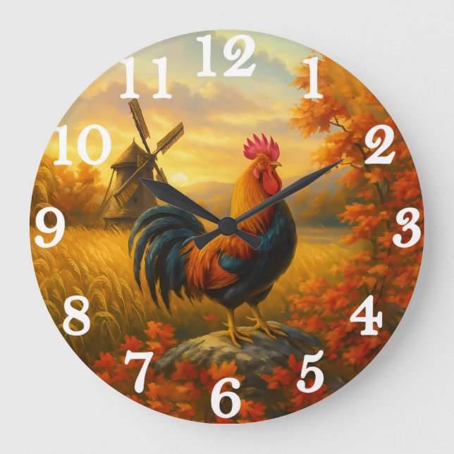 Vibrant rooster in golden harvest large clock (Front)