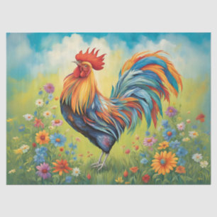 Vibrant Rooster in the Flower Garden Tissue Paper
