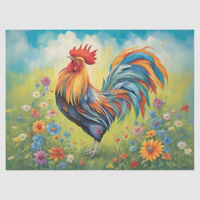 Vibrant Rooster in the Flower Garden Tissue Paper (Front)