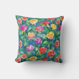 Vibrant rose bushes watercolor print cushion