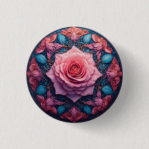 Vibrant Rose in Bloom Surrounded by Ornate Details 3 Cm Round Badge