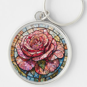 Vibrant Rose in Bloom Surrounded by Ornate Details Key Ring