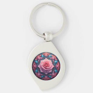Vibrant Rose in Bloom Surrounded by Ornate Details Key Ring