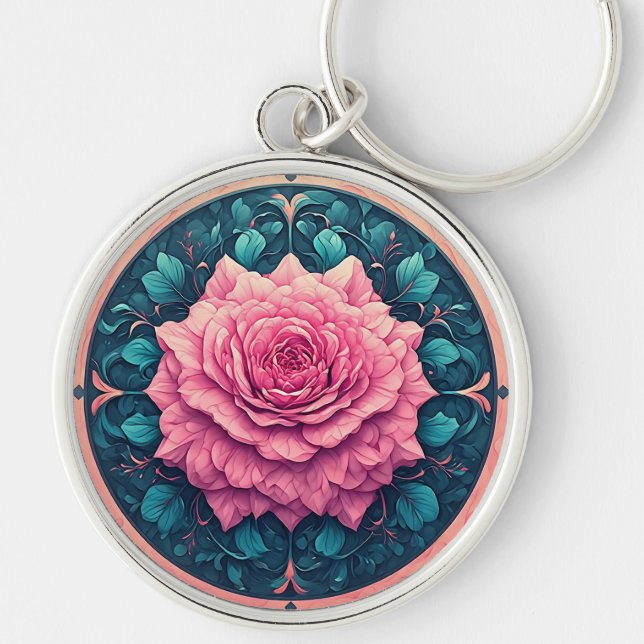 Vibrant Rose in Bloom Surrounded by Ornate Details Key Ring (Front)